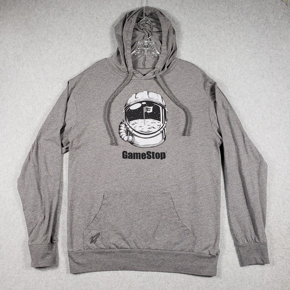 GameStop‎ Hoodie Mens XL Gray Heather Astronaut NASA Moon Rocket Graphic Gamer
